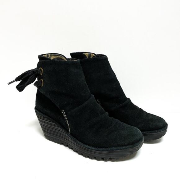 Fly London Yama Ankle Boots Sz 39 Wedge Bootie Suede Platform Lace Back sz 8 8.5 - Picture 1 of 8